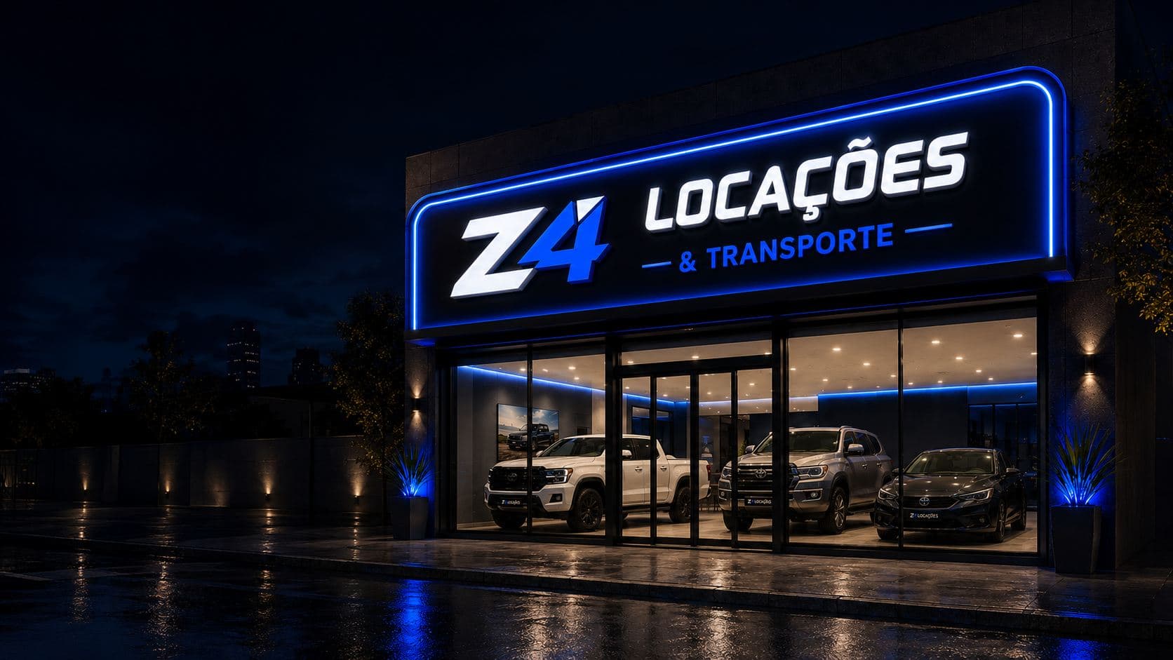 Fachada conceitual da Z4 com letreiro iluminado em azul